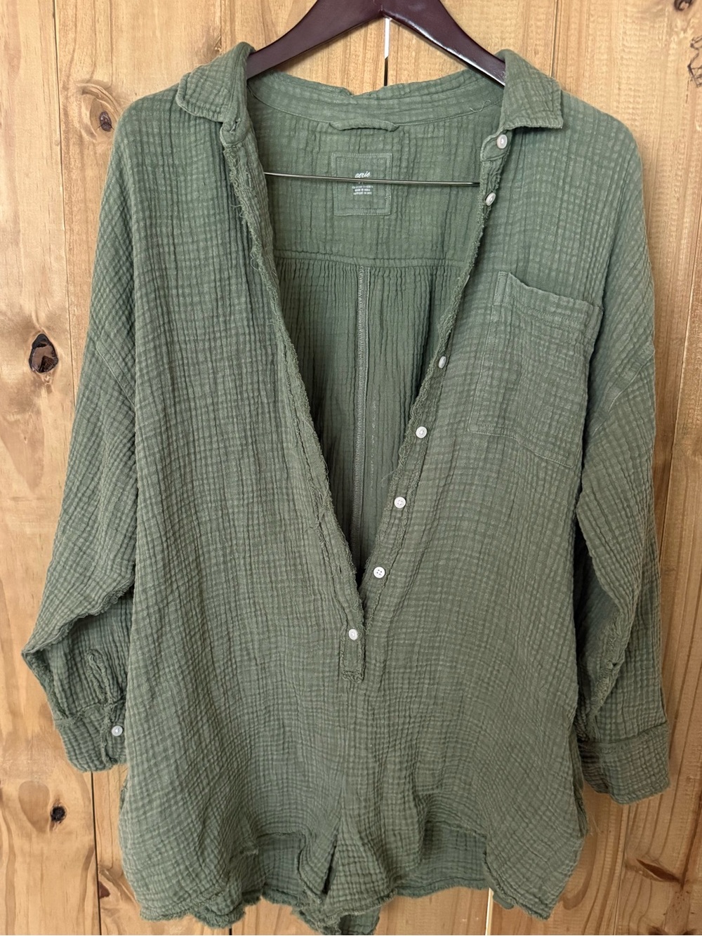 aerie Olive Green Textured Button-Front Shirt